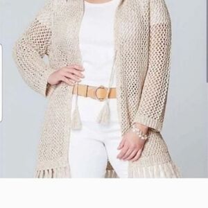 Crochet J.Jill oversize knit jacket cover up hood Fringe boho xs petite